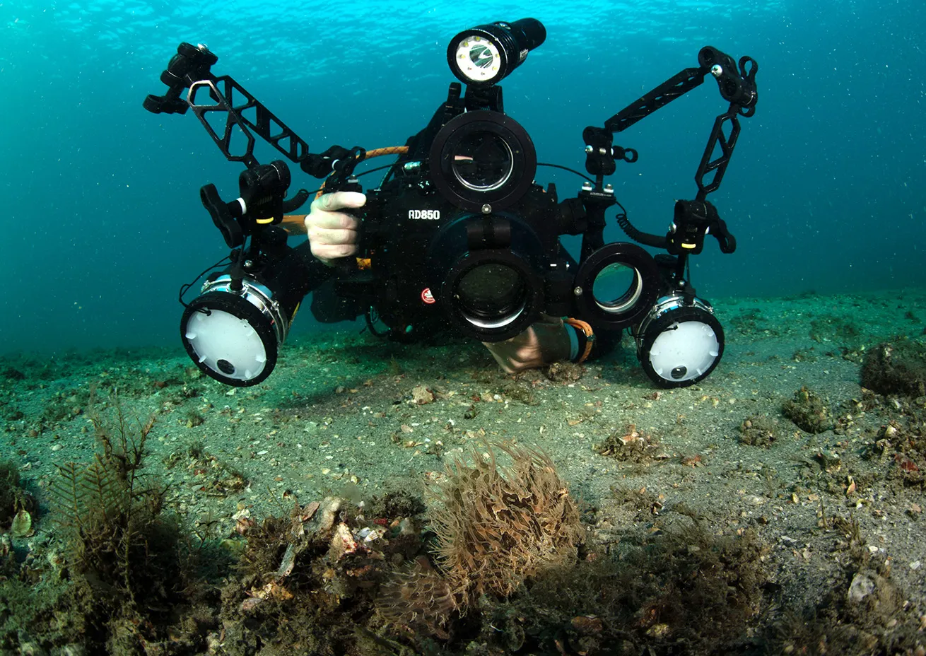 A happy diver using a hermit-crabbed rig looking at a frogfish.