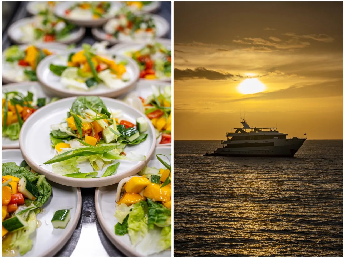 From left: A fresh meal served aboard the yacht;*Philippines Aggressor II*.