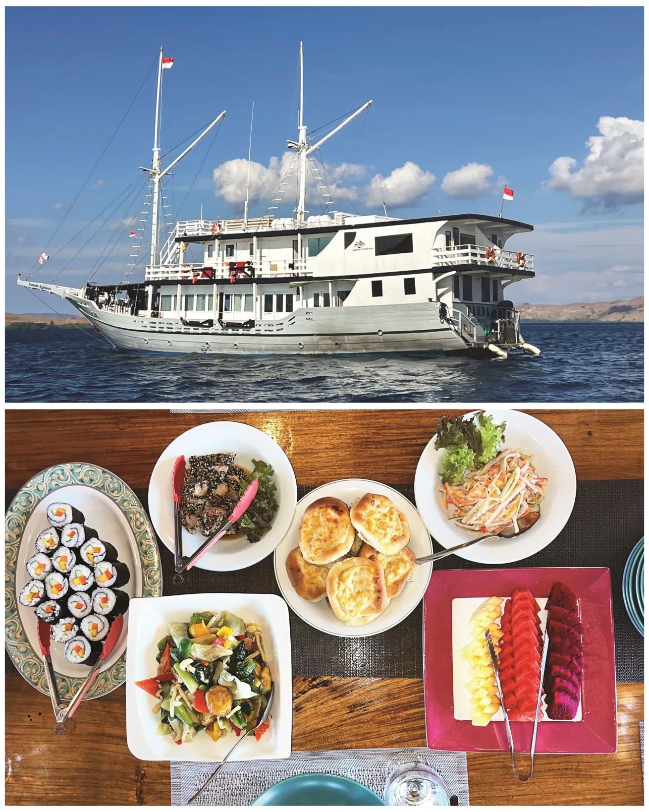 From Top: The phinisi-style *Komodo Aggressor* yacht; Food on board caters to all diets. 