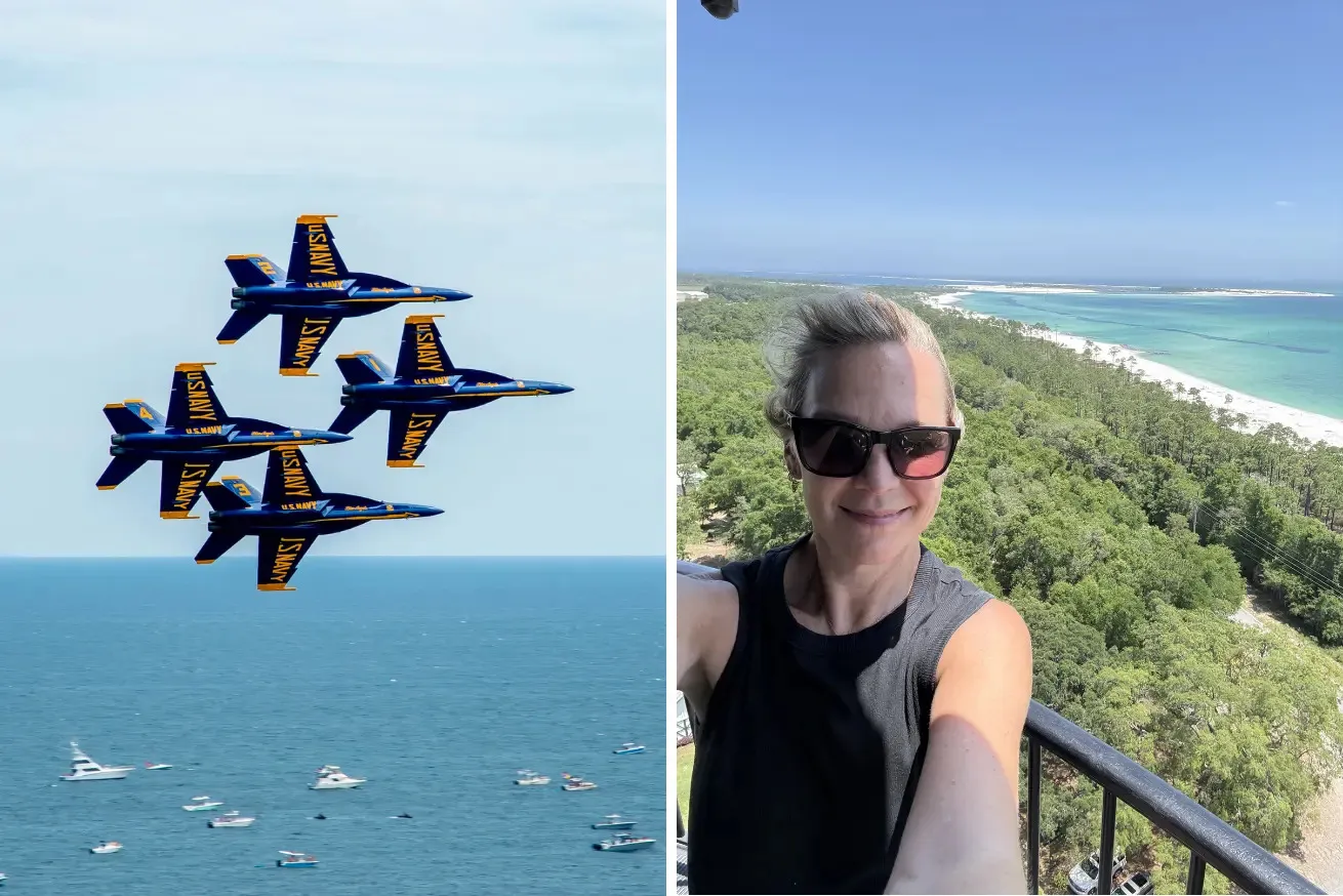 Collage with image on left showing the Pensacola Blue Angels flying over the beach. On the right, an image showing the author at Pensacola Lighthouse.