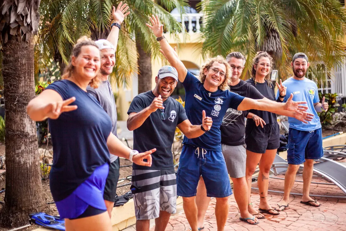 Scuba diving instructor course candidates at Buddy Dive have a joyful time