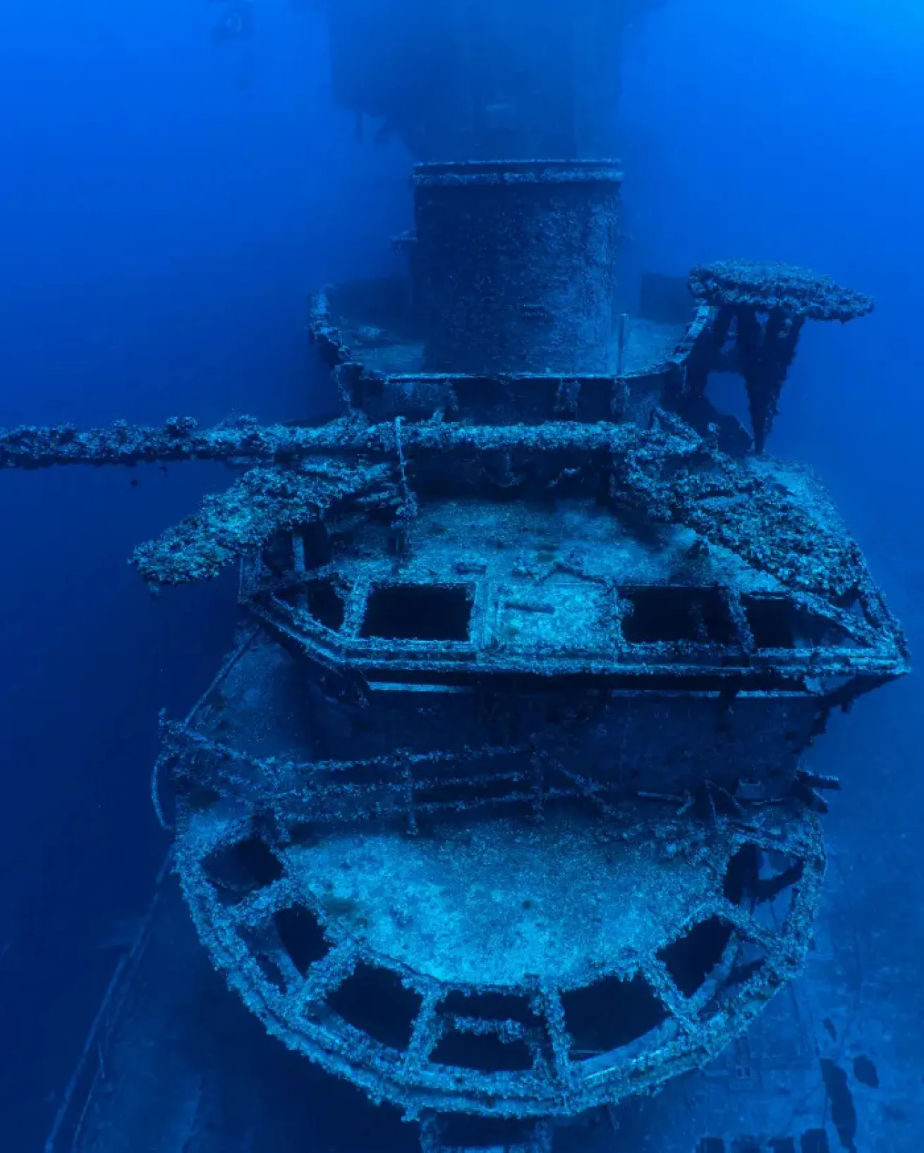 Photograph of the USS Oriskany, a sunken shipwreck in Pensacola, submerged underwater.