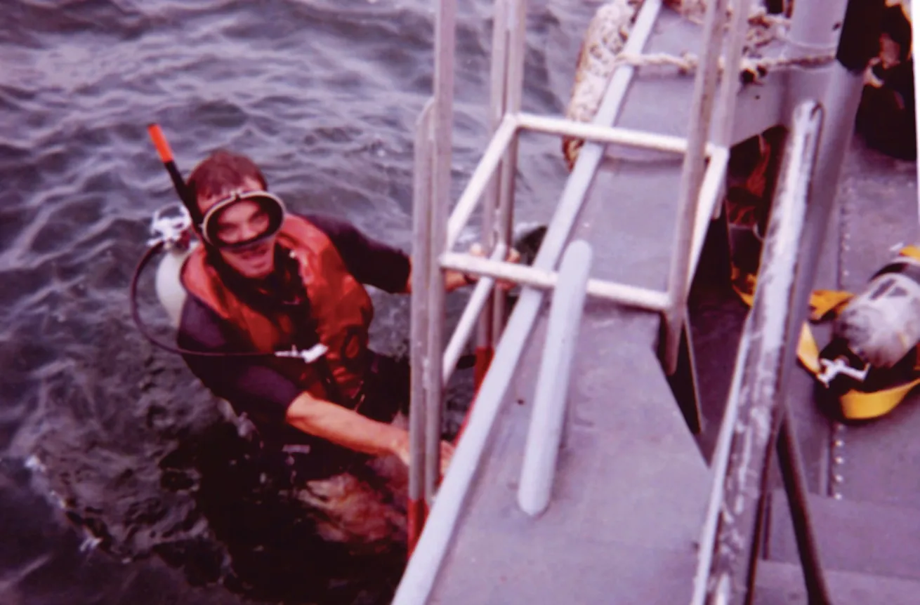 Rutkowski in the early 1970s, entering the water for a research dive.