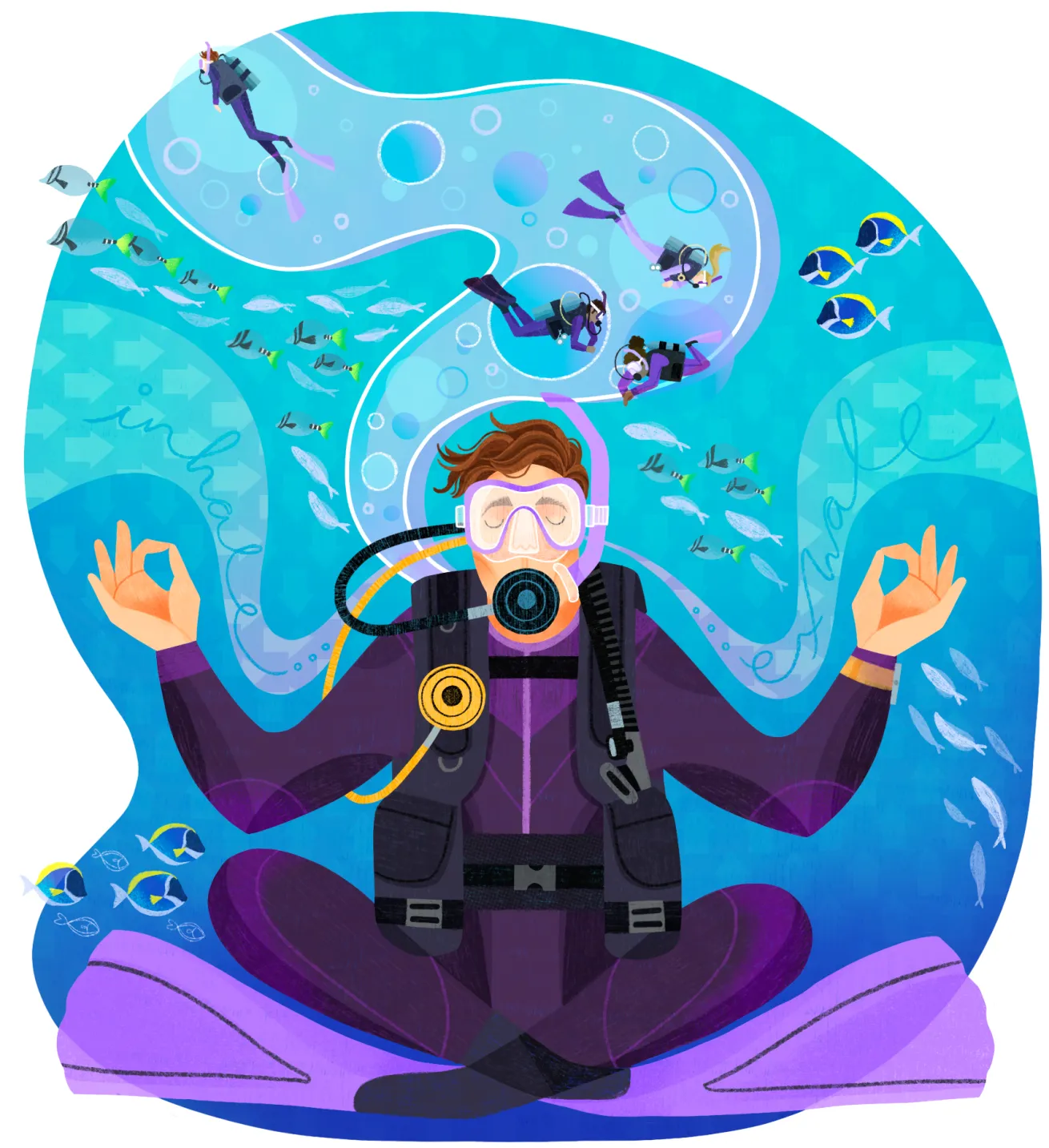 illustration of a diver doing a zen pose underwater 