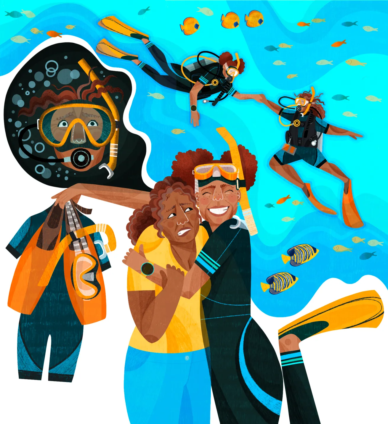 illustration of a diver hugging their relative excited to learn to dive with the other afraid