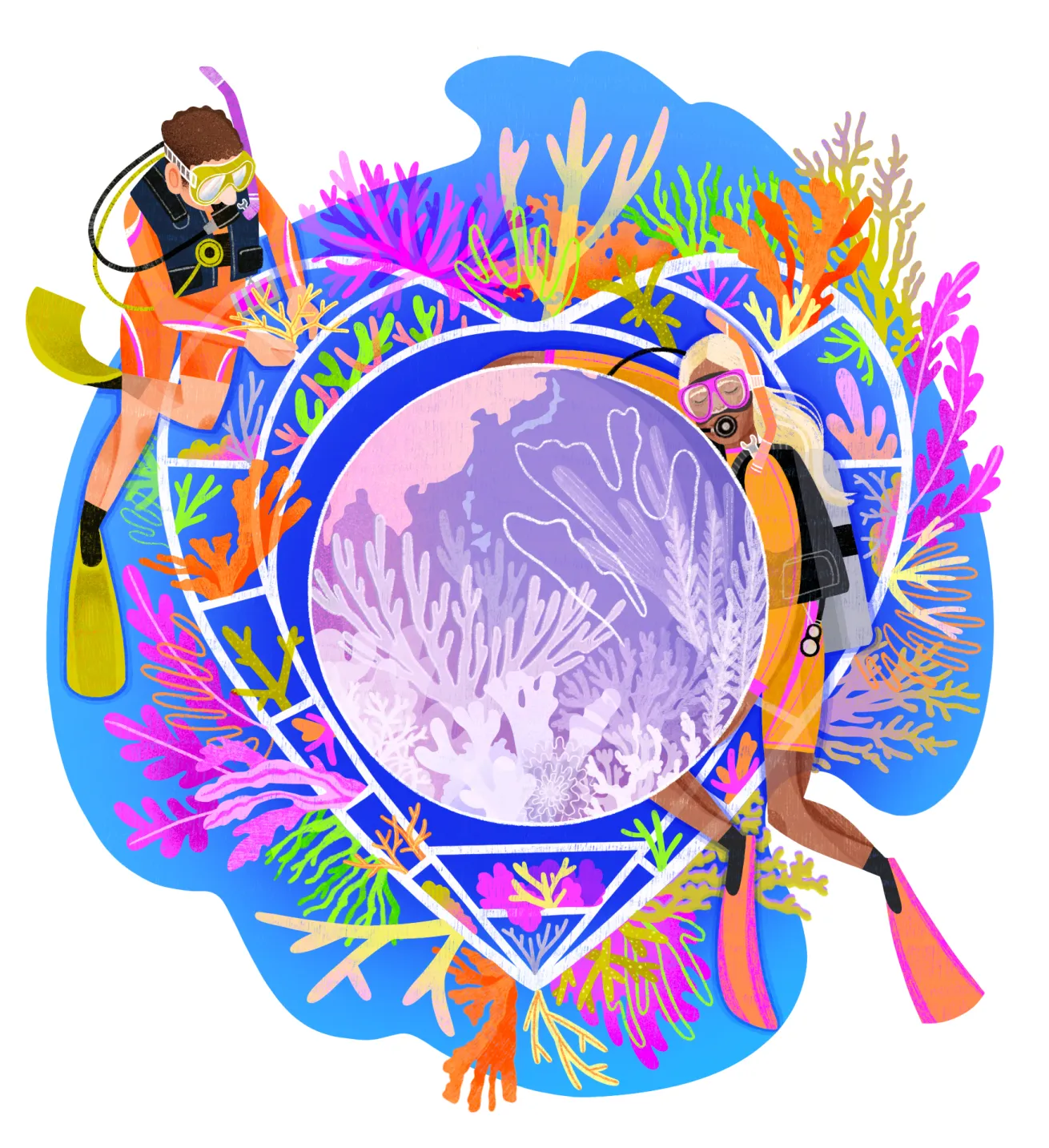 colorful illustration of  divers and a heart filled with creative illustration of coral
