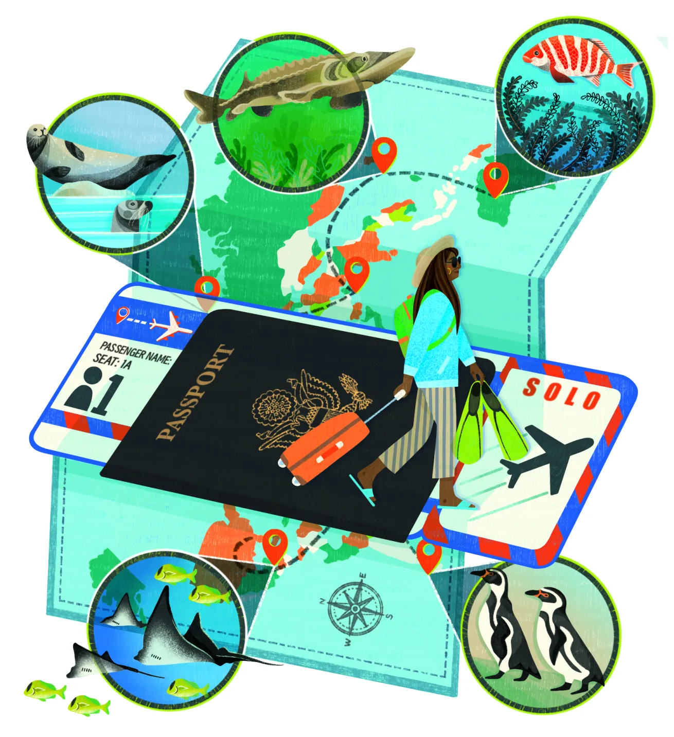 Illustration of a woman with luggage on a passport, travel map, and boarding pass, surrounded by images of marine animals and fish, suggesting solo travel.


