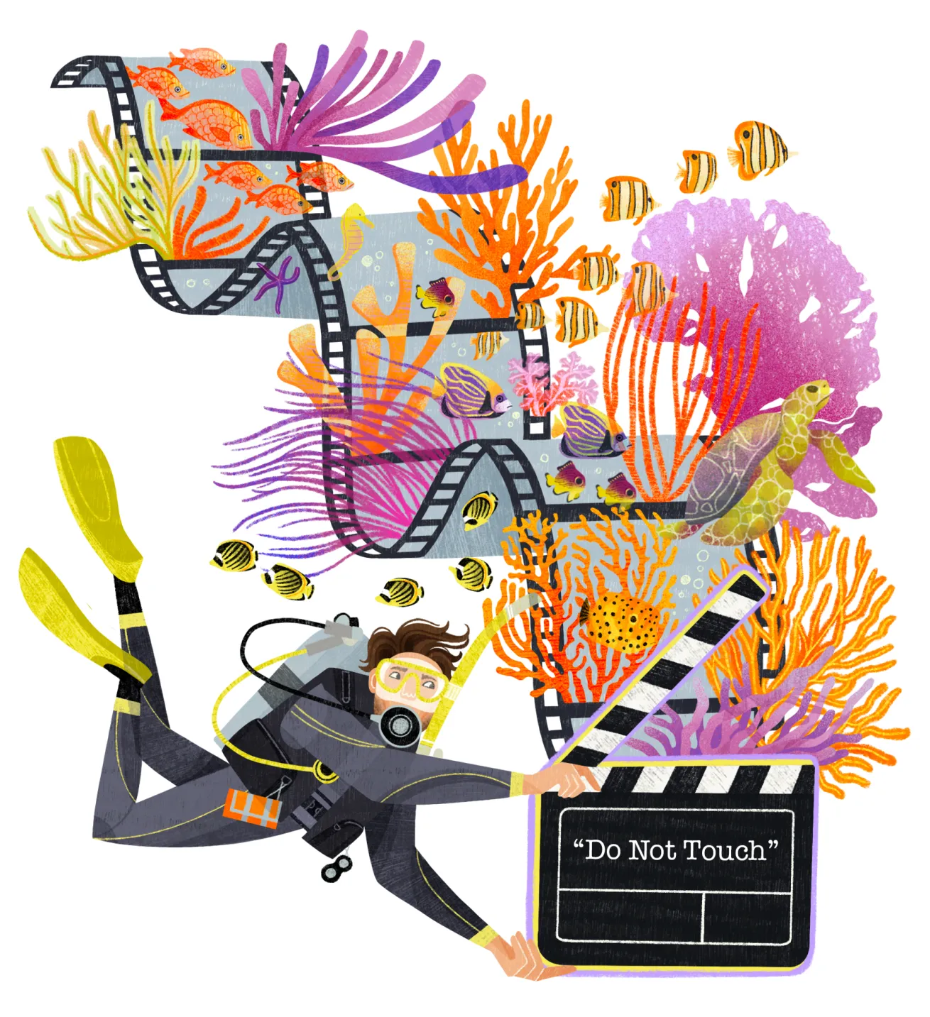 illustration of a diver holding a a board that says "do not touch" with a film roll and corals surrounding the diver