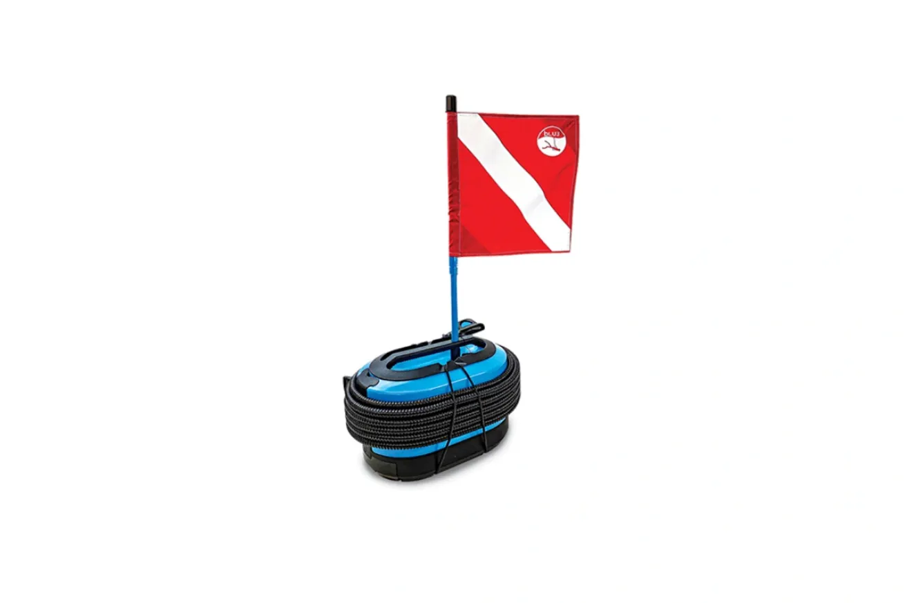 Compact floating surface air system with attached hose and red dive flag, designed for portable tankless diving.