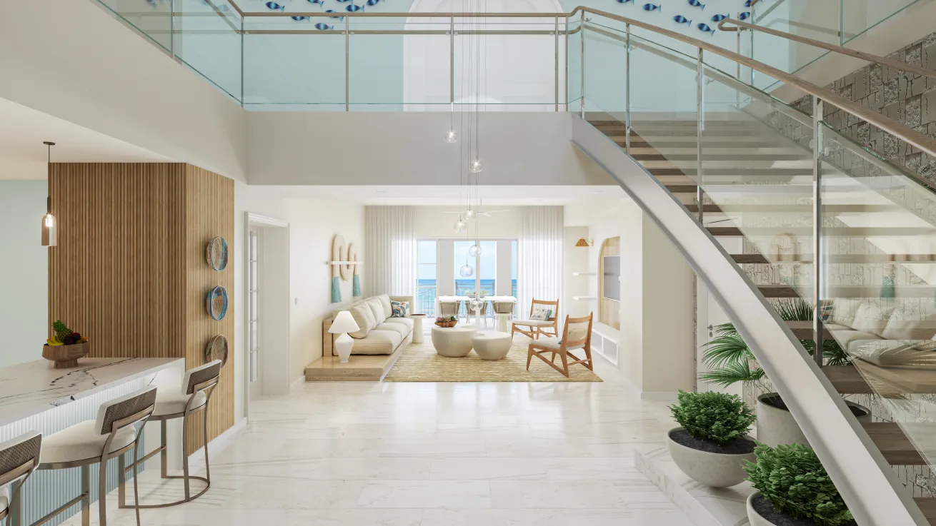 View from the entrance of the Chairman’s 3-bedroom penthouse suite at the Treasure Beach Village at Beaches Turks and Caicos.