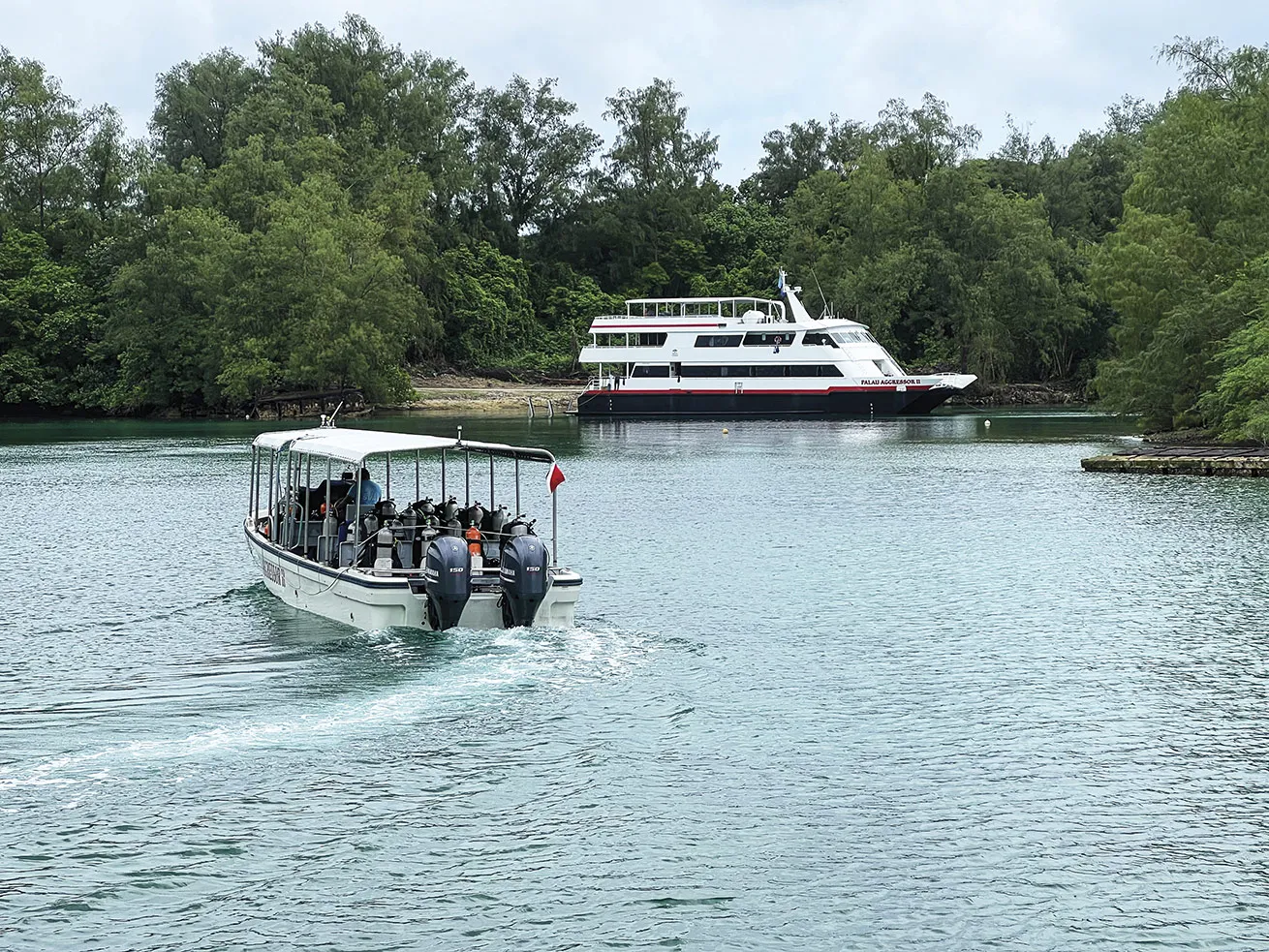 Palau Aggressor II docks at Peleliu Island on Christmas Day. Passengers curious about its wartime past can take the skiff to shore and get an in-depth tour.