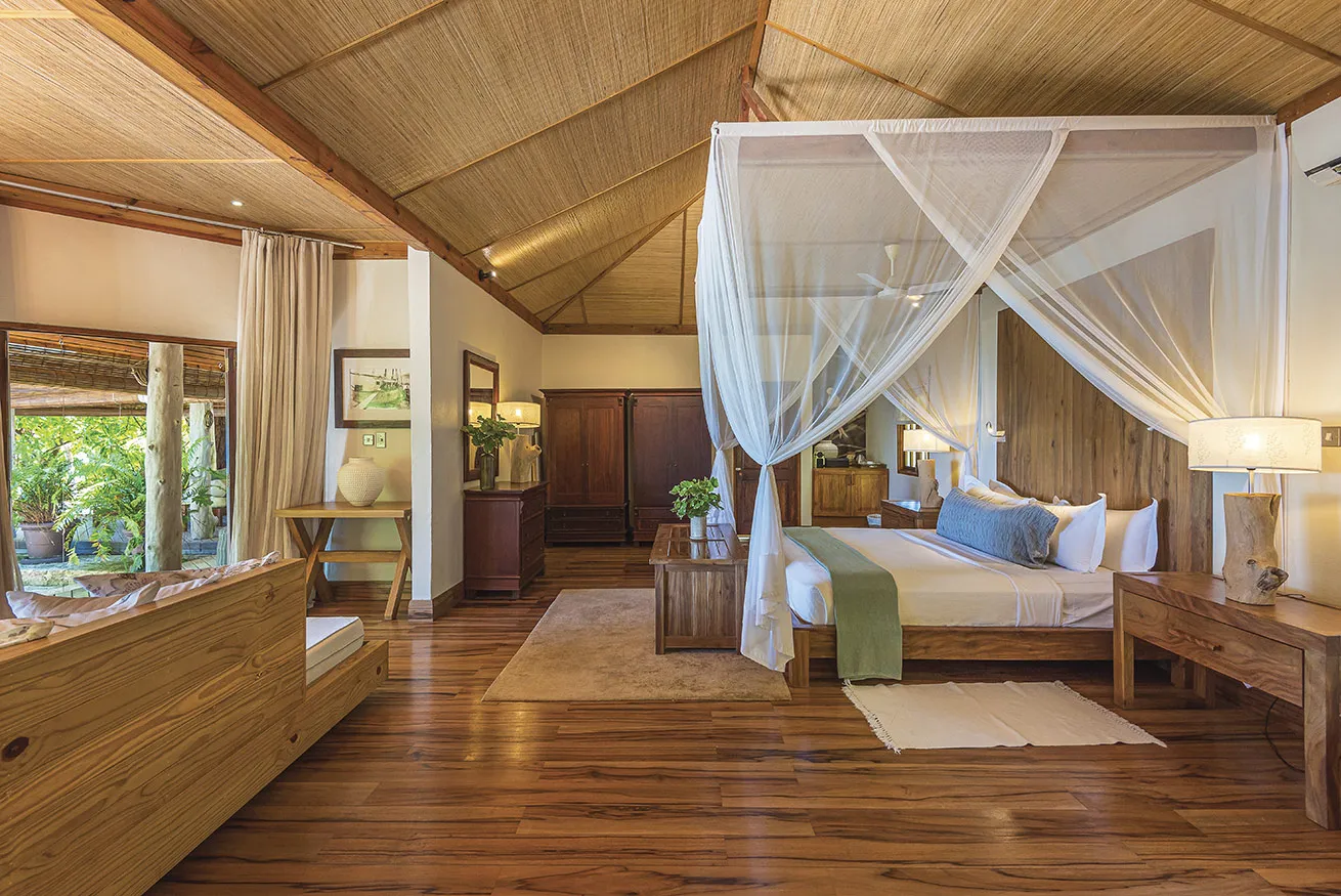 The resort's guest cottages, made from reclaimed timber, are elegant while maintaining the breezy laid-back island vibes.


