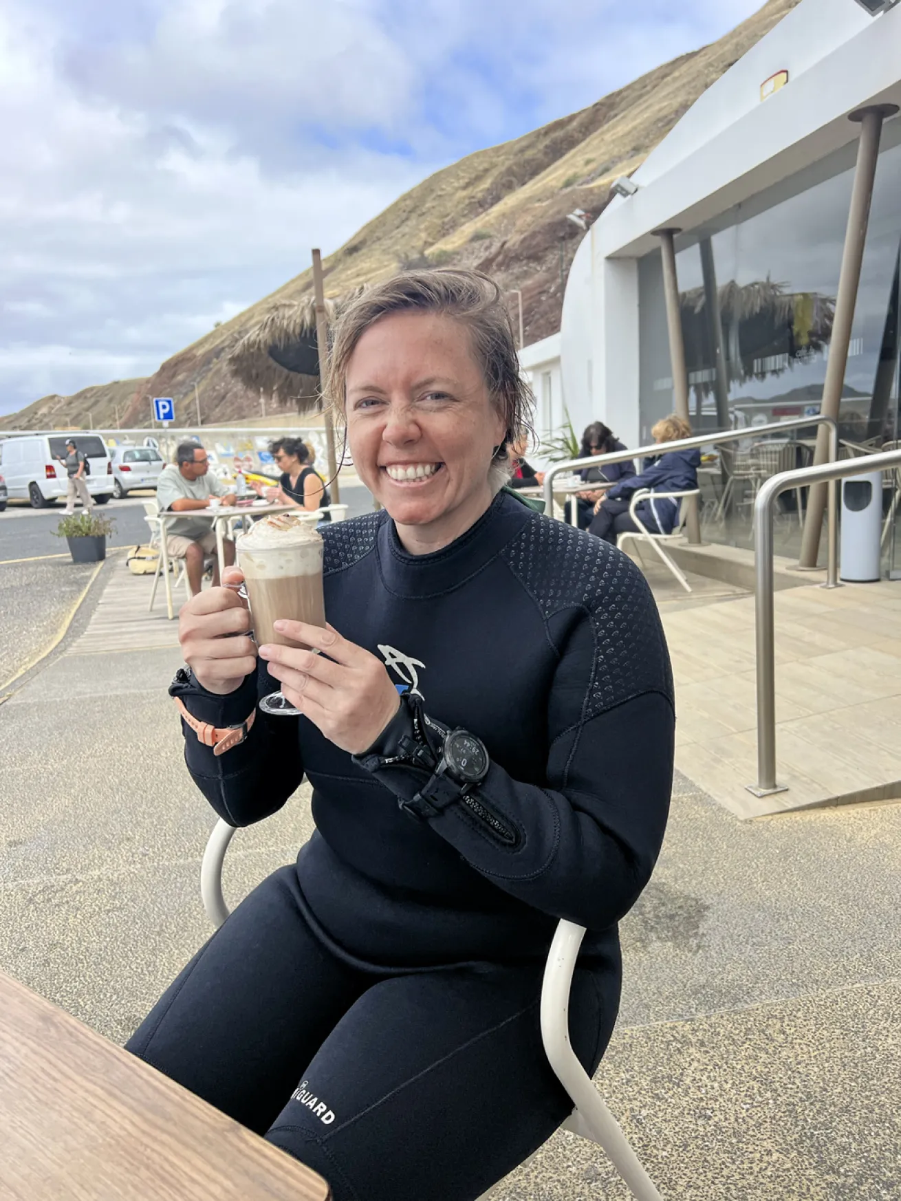 Because many of the dive sites are so close to shore in Porto Santo, the author can enjoy a hot drink between dives at Café da Marina.