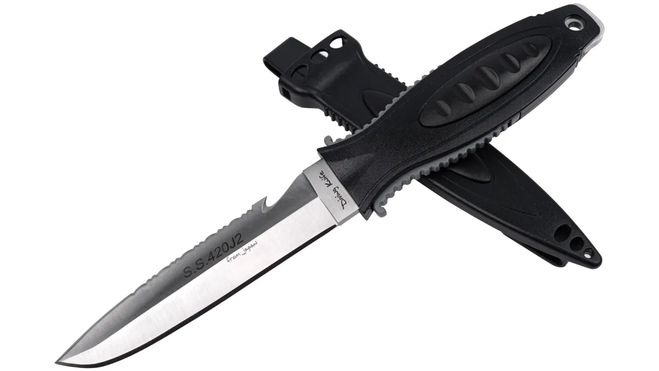 IST Sports Squeeze-Lock Dive Knife K27 with dual-edge blade and locking sheath