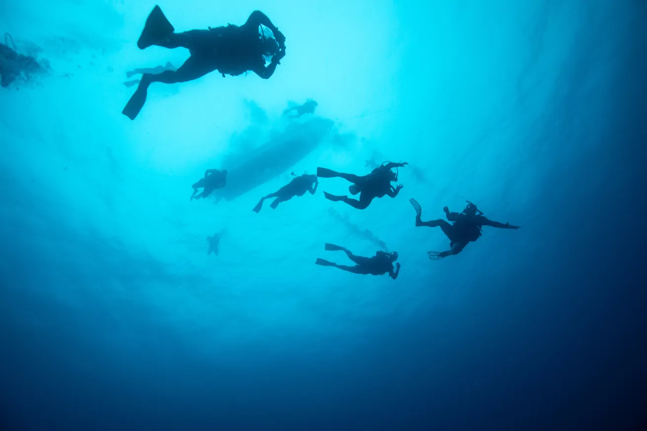 Divers descend from a small boat into clear blue water