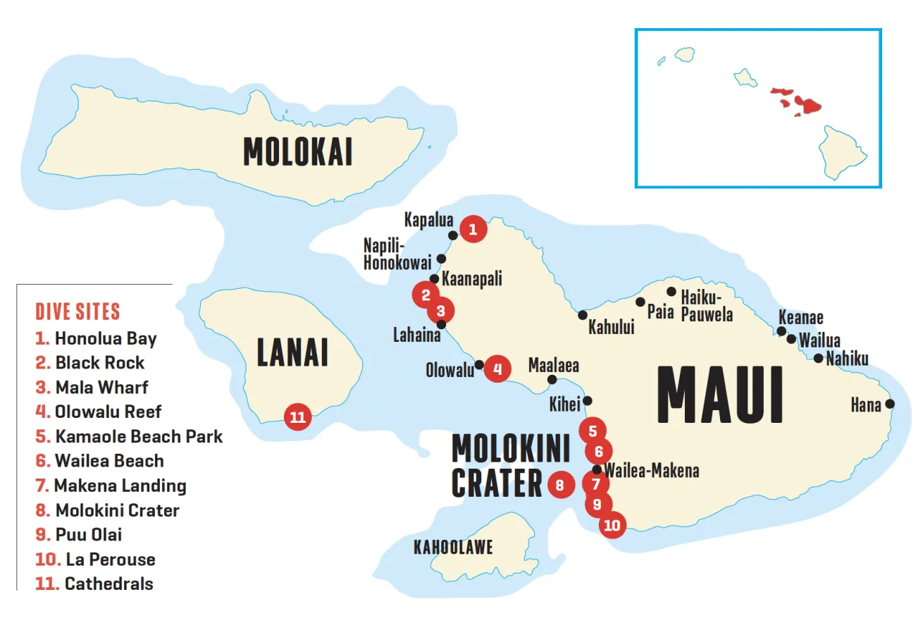 map of the best diving sites in maui, lanai and molokai