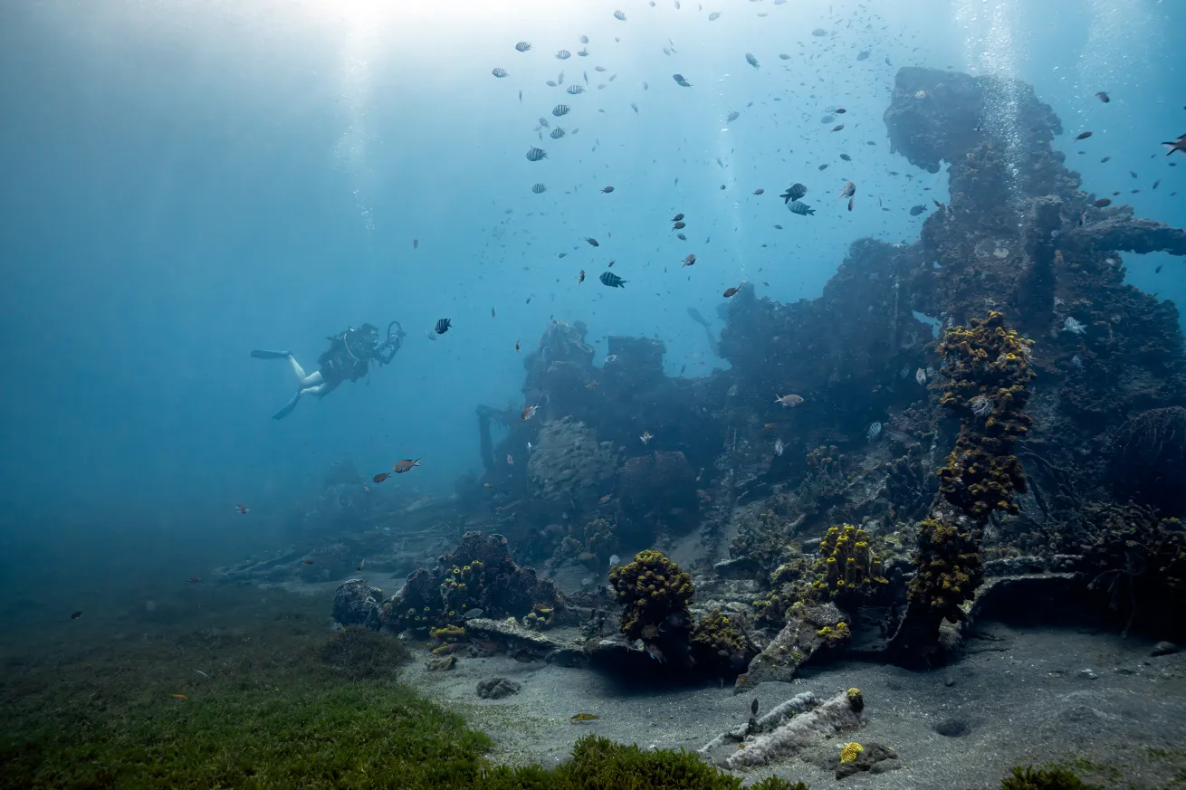The author diving on the Amélie wreck in Martinique.