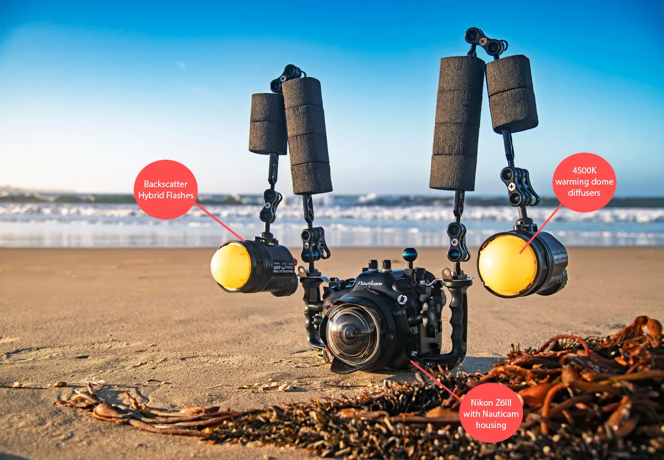1. Backscatter Hybrid Flashes
2. Nikon Z6III with Nauticam housing
3. 4500K warming dome diffusers