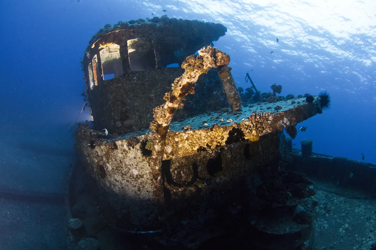 The illuminated wheelhouse of the Nashua, aka Navy tug, wreck
