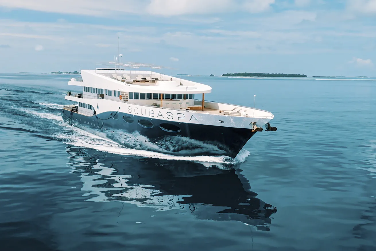 A luxury yacht in Scubaspa’s fleet plies the waters of the Maldives. Scubaspa won awards in multiple categories this year. 