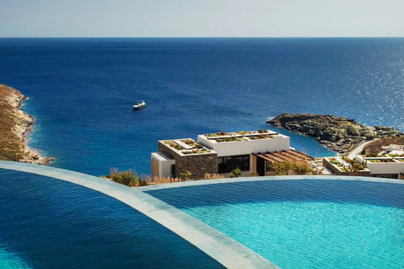 One\&Only Kea Island’s Kaiki pool boasts a soothing waterfall feature and unobstructed views of the Aegean Sea. Each of its 63 cliffside villas also has its own private infinity pool.
