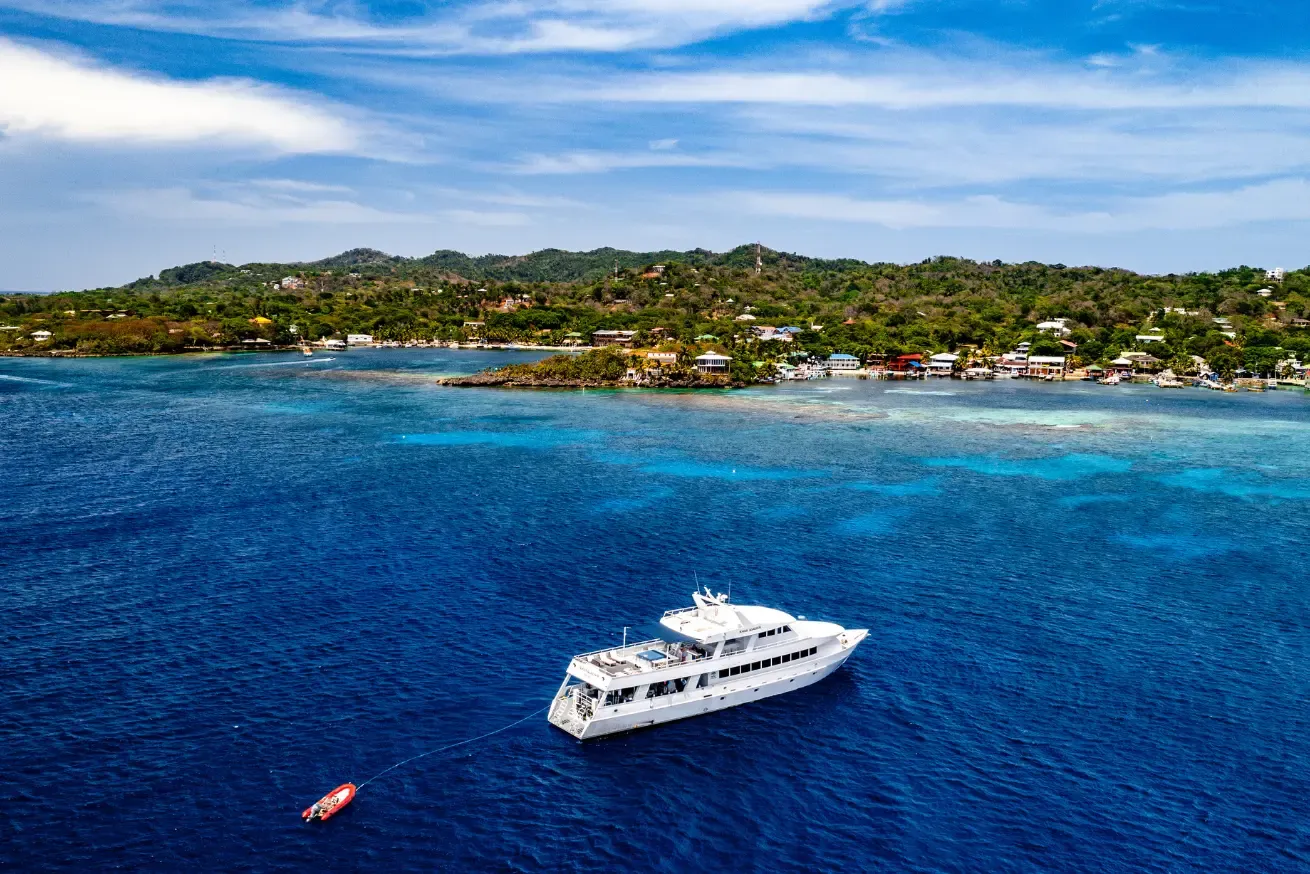 Photograph showing the Roatan Aggressor anchored in deep blue ocean waters near a coastal area with green hills and scattered buildings.