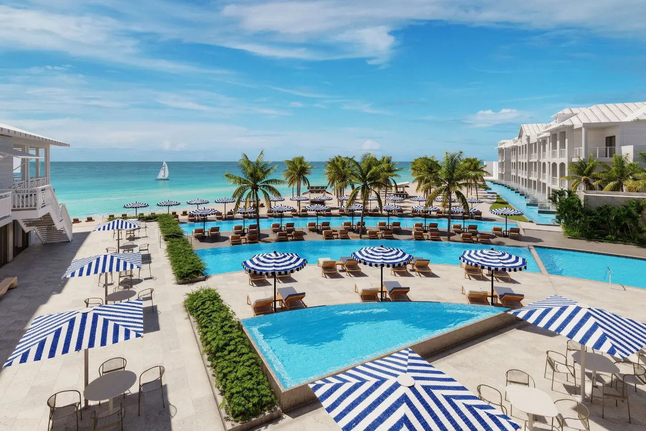 Beachfront view of the reimagined Sandals Montego Bay resort in Jamaica.