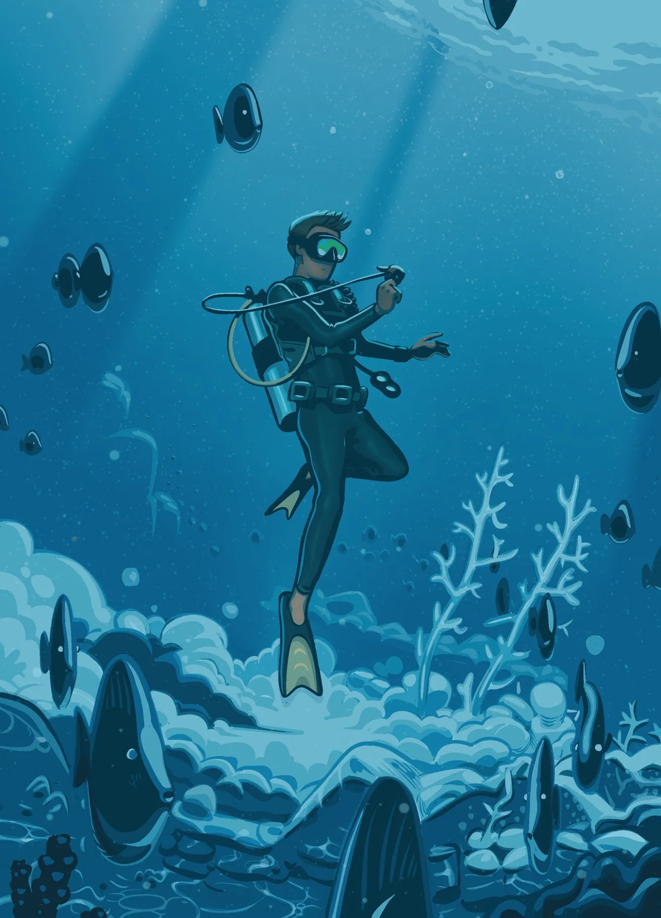 illustratoin of a diver looking at his regulator surrounded by ocean reef and fish