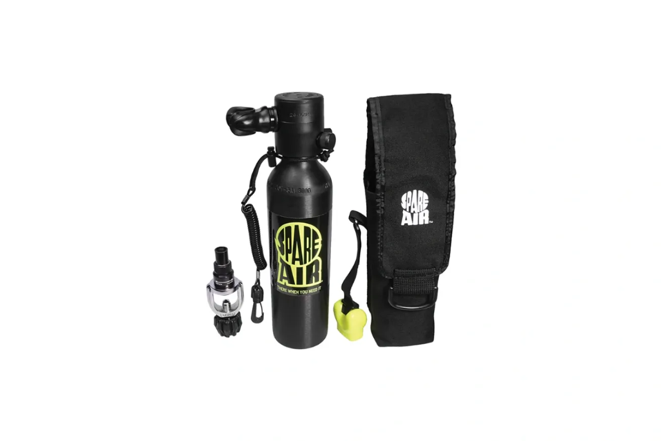 Compact backup scuba air cylinder with regulator, refill adapter, and holster, designed to provide extended emergency air supply.