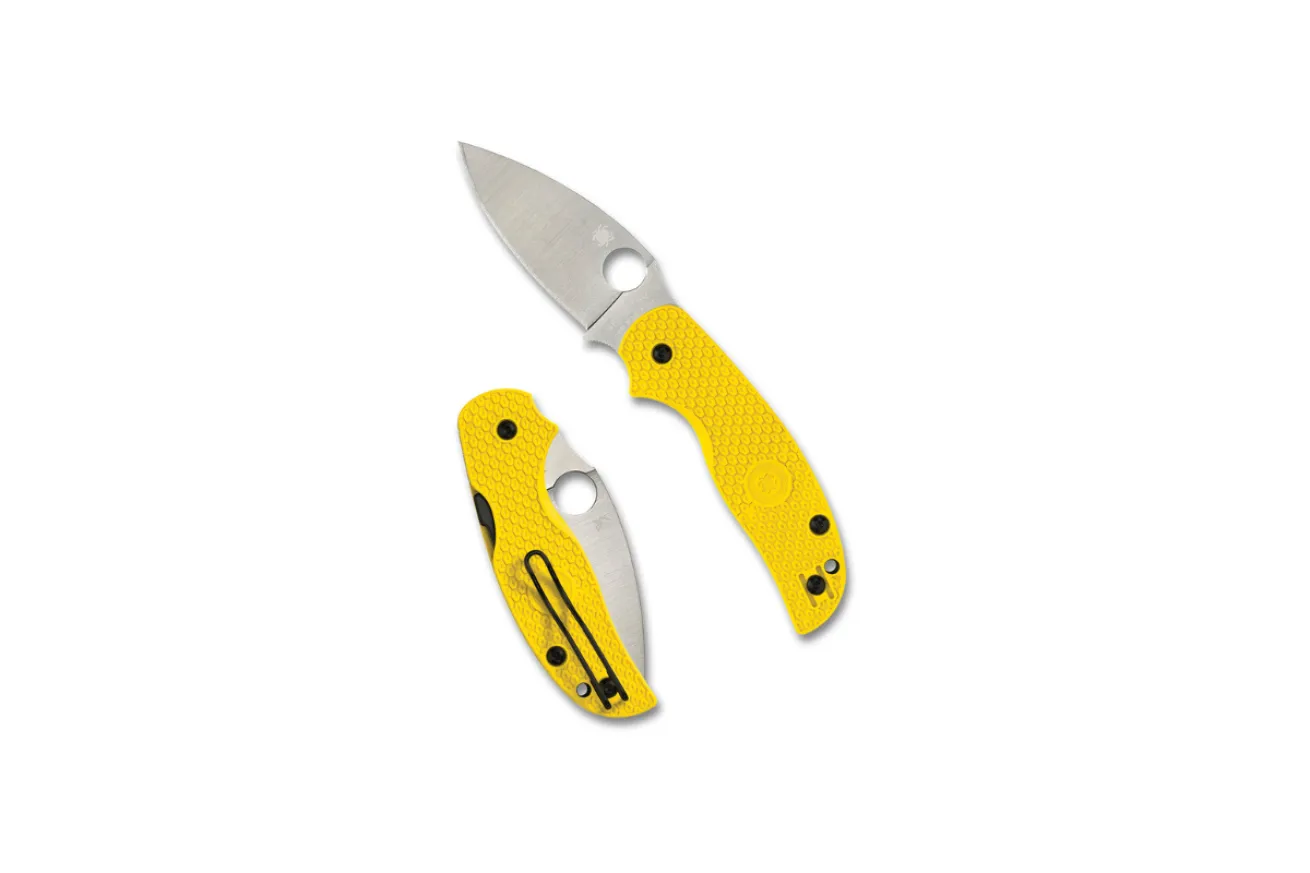 Yellow-handled compact dive knife with a short stainless-steel blade designed for corrosion resistance and easy grip.