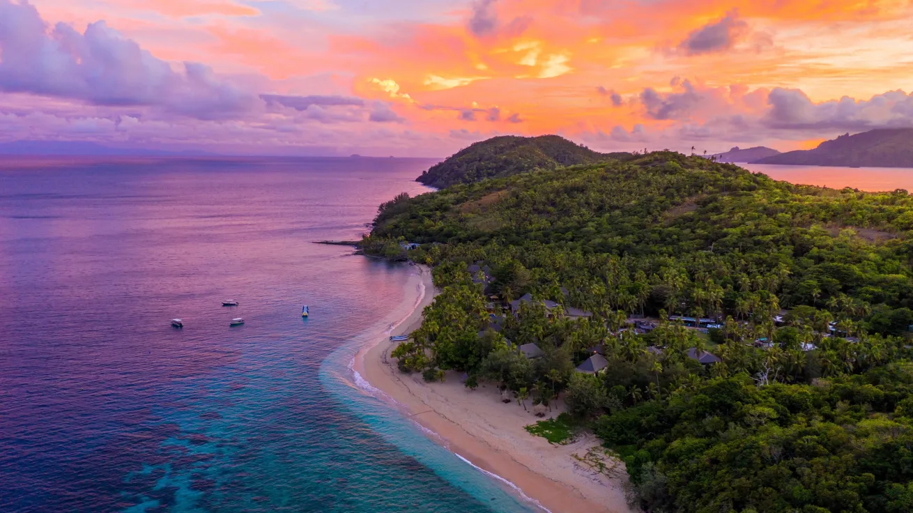 Aerial view of Fiji’s beautiful landscape during sunset.