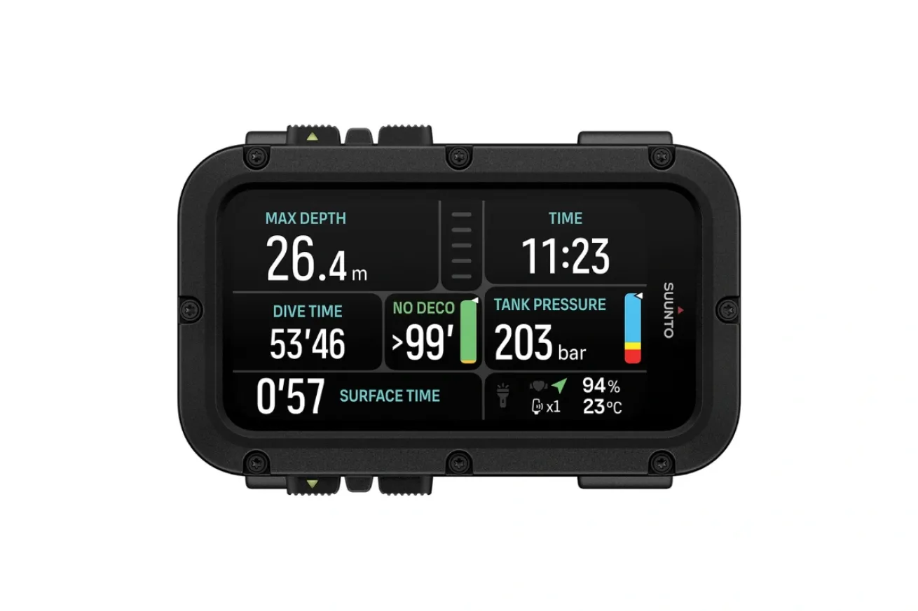 Large rectangular dive computer with full-color display showing depth, dive time, tank pressure, and other key dive metrics in a clear layout.
