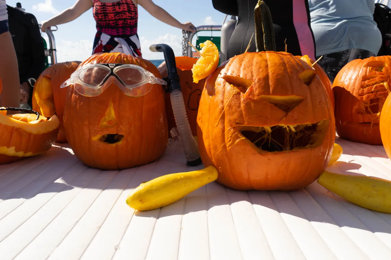 halloween pumpkins on scuba boat