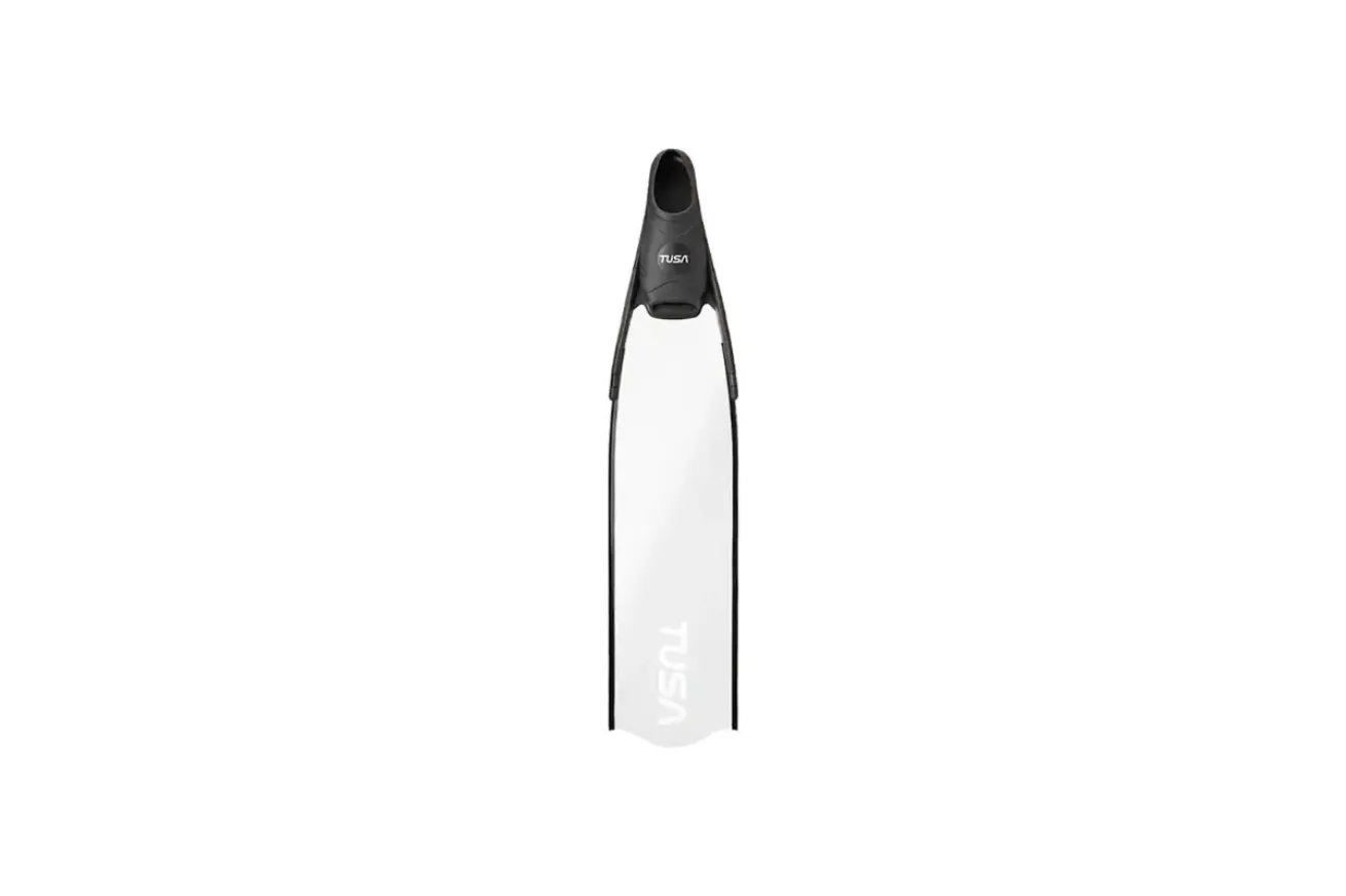 Long freediving fin with a transparent blade and black foot pocket, designed for streamlined movement and performance underwater.