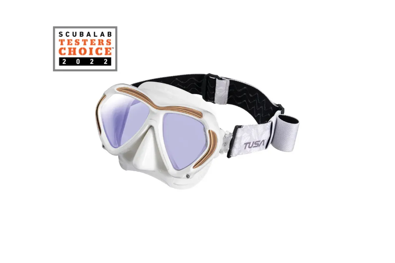 White scuba diving mask with mirrored lenses, metallic accents, and an adjustable fabric strap for a secure, comfortable fit.