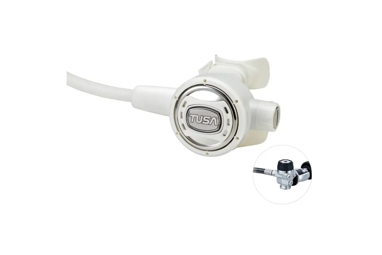 White scuba diving regulator second stage with a compact design, large purge button, and attached flexible hose for easy breathing underwater.