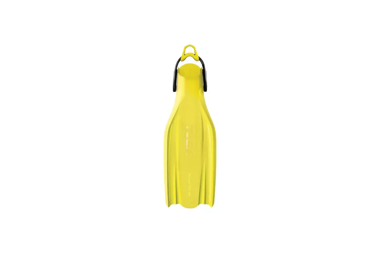 Bright yellow open-heel scuba diving fin with a streamlined blade and adjustable bungee strap for easy use and efficient propulsion.
