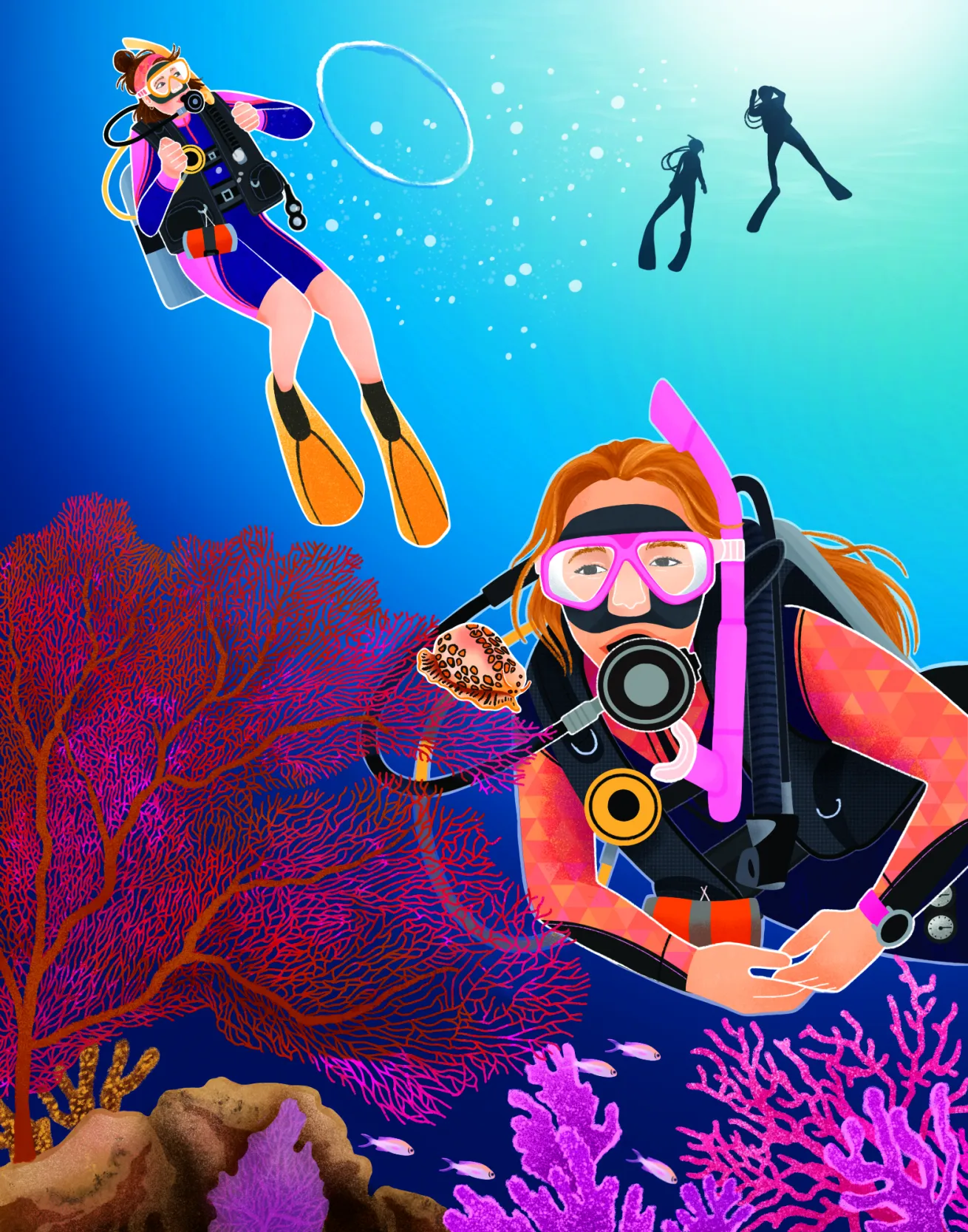 illustration of colorful reef and divers, one diver looking at a flamingo tongue on a gorgonian and the one making bubble rings
