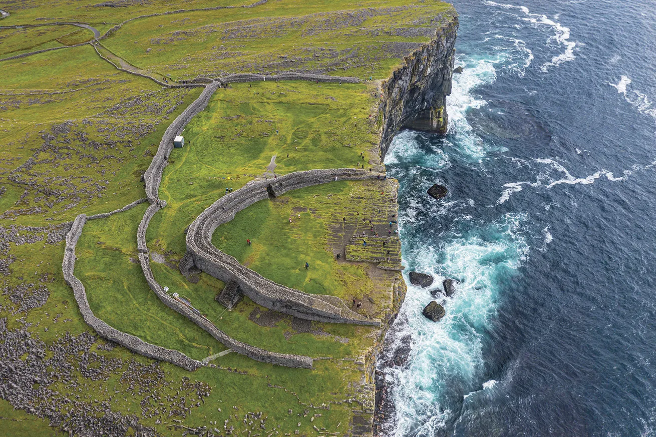 The ruins of Dun Aengus, an ancient fort that dates to the Bronze Age, overlook the sea on Inishmore, one of the Aran Islands off the Galway coast.