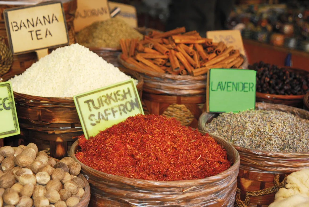 Baskets filled with aromatic spices adorn the markets in Turkey.