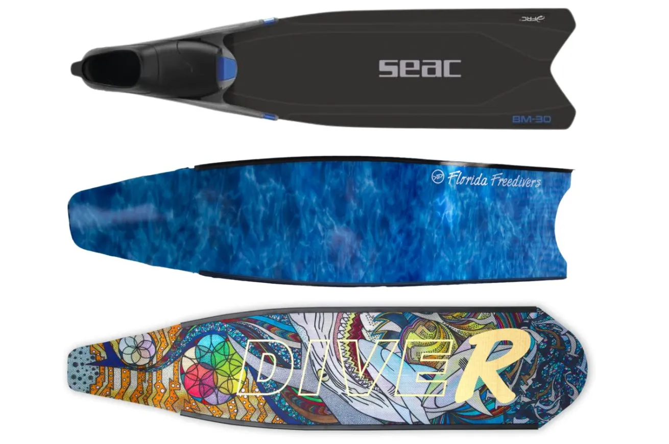 Freediving fins come in different materials depending on your needs and budget. From top: composite, fiberglass and carbon fiber blades. 