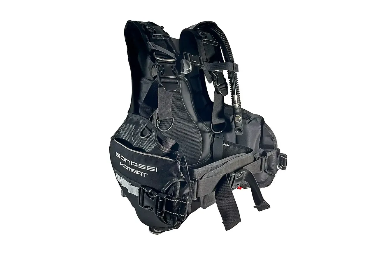 Bonassi Kombat jacket-style buoyancy compensator (BC) in black with integrated weight pockets for scuba diving.