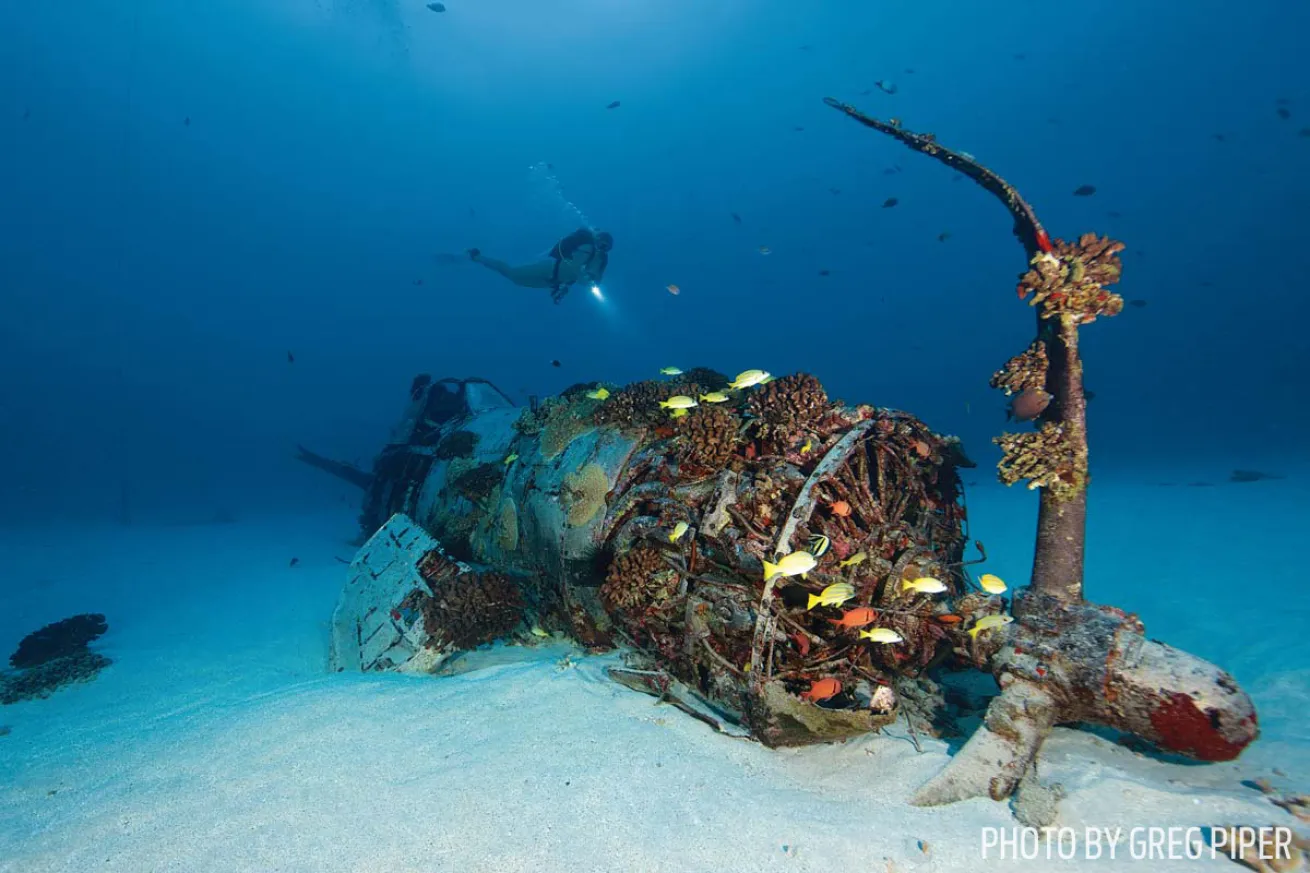 Scuba diver above WWII American aircraft wreck Oahu Hawaii