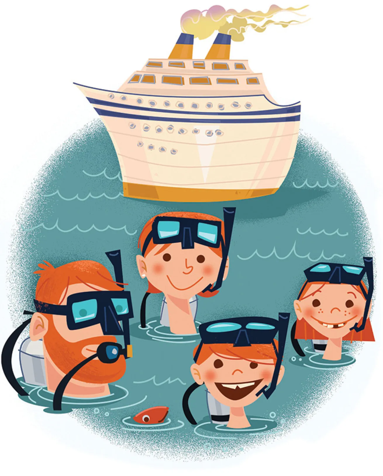 Family scuba diving cruise illustration