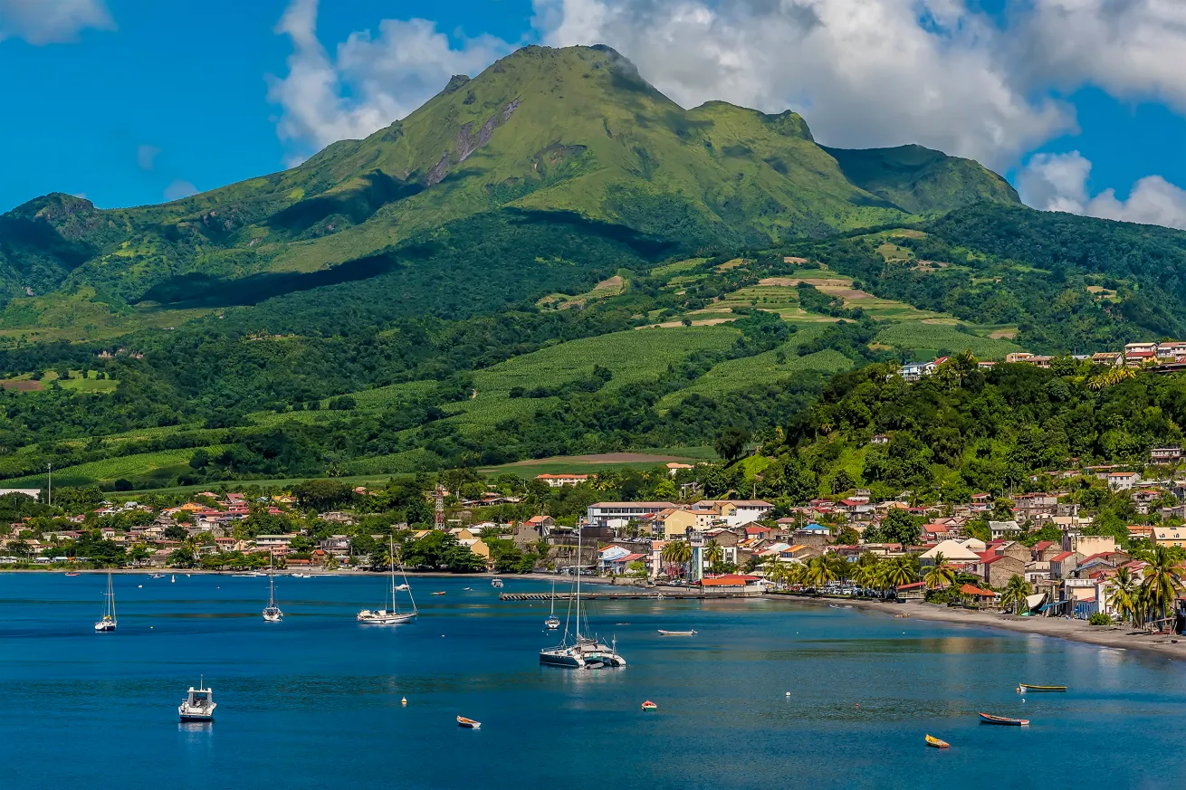 A view towards the town of Saint Pierre and the volcano, Mount Pelee in Martinique