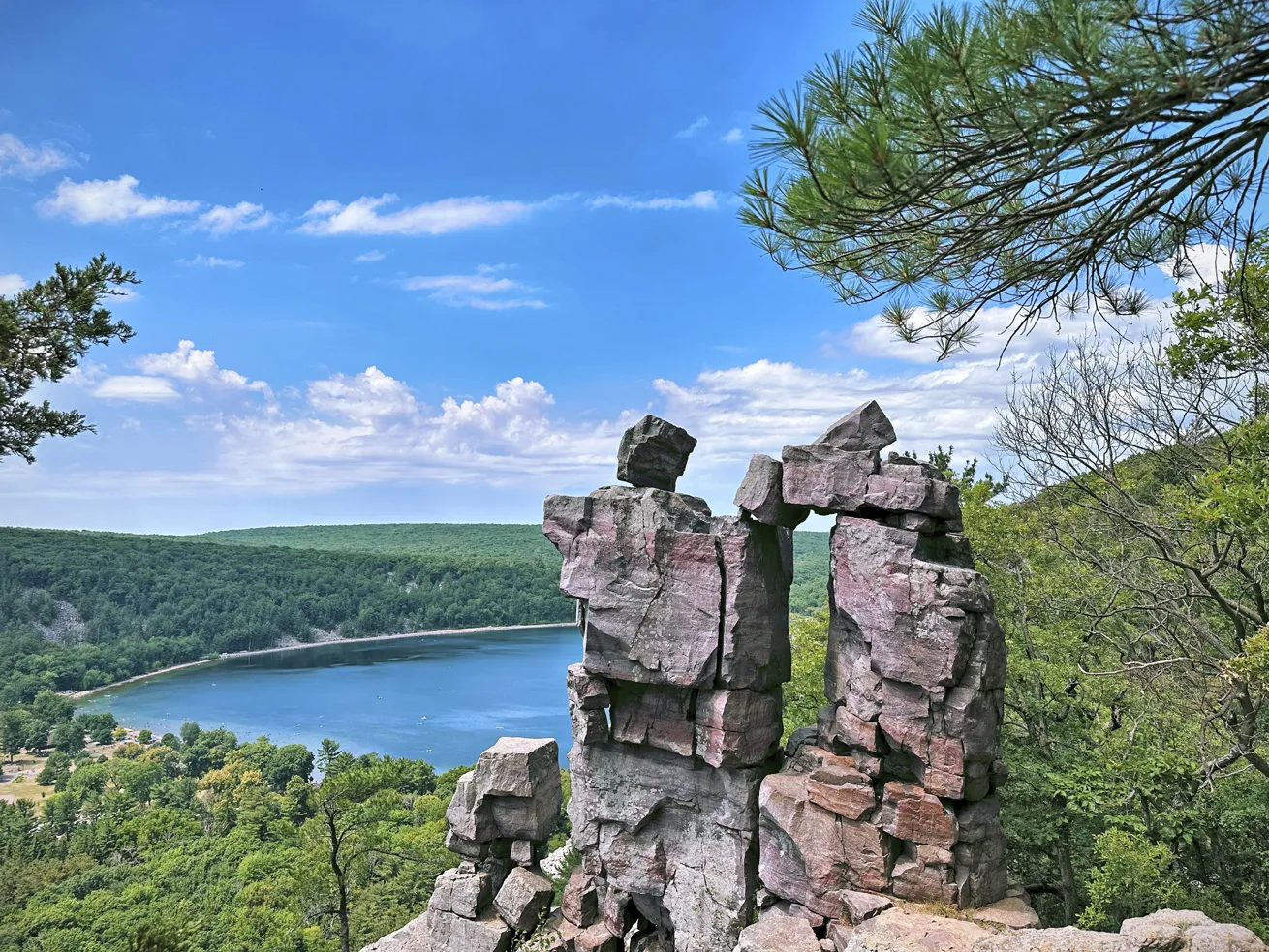 A rock formation called Devil’s Doorway overlooks Devil’s Lake.