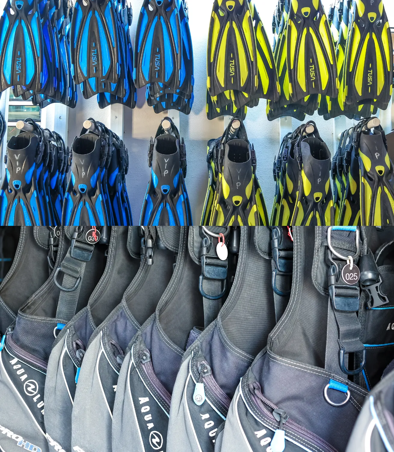 Dive gear collage of fins and BCDs.