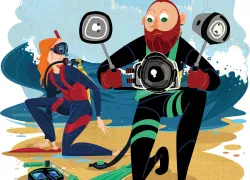 Scuba divers encounter rising waves while exiting a shore dive
