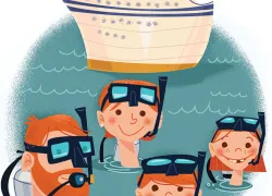 Family scuba diving cruise illustration