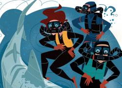 Scuba divers debate skipping their safety stop or waiting with a shark